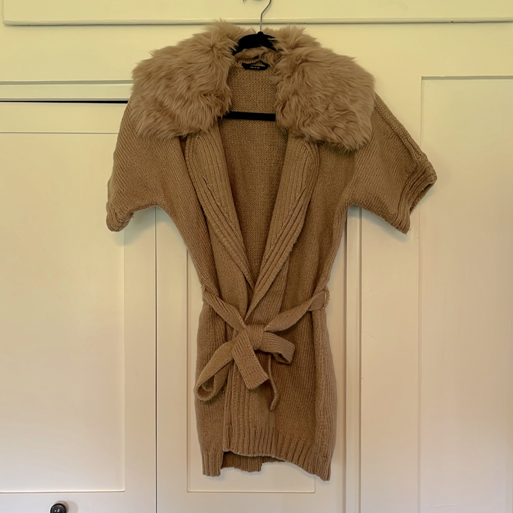 Hugo Boss Real Fur Collar Vest Sweater Tie Waist Knit Camel And Wool Italian